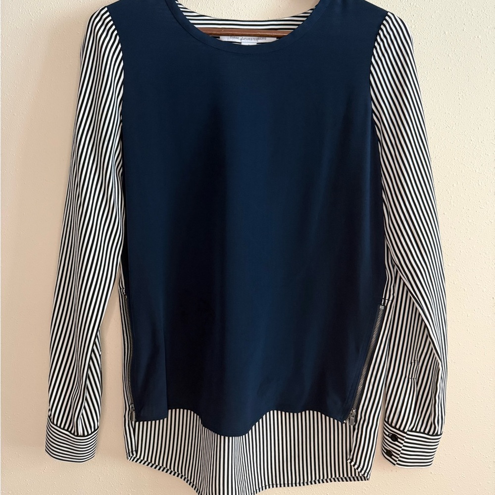 Diane von Furstenberg DVF Layered Stripe Blouse Navy Black White Size 2